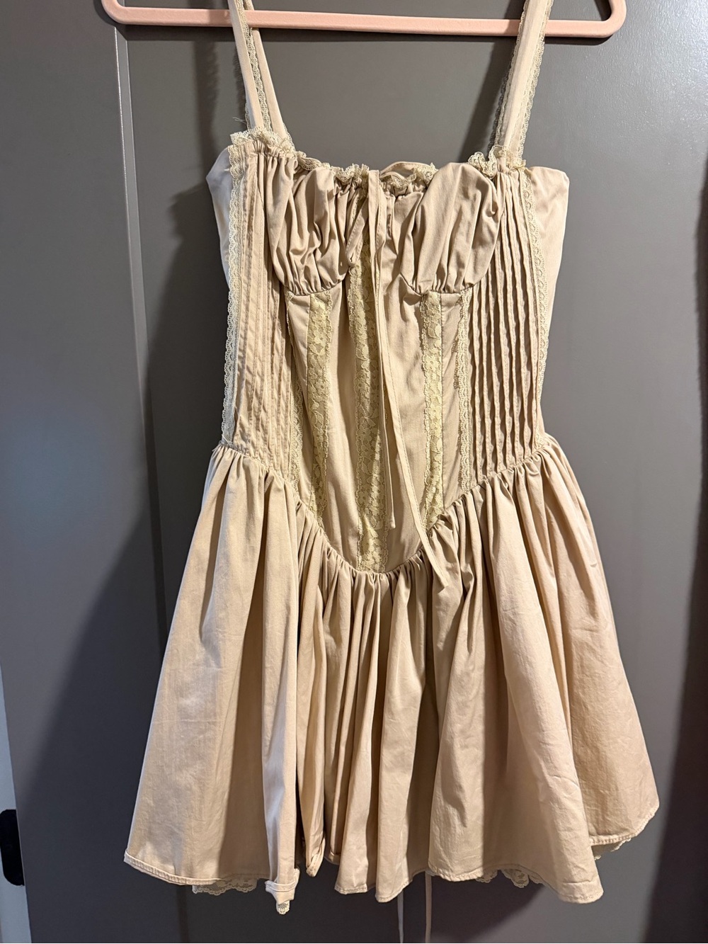 The Vintage Shop Cream corset Mini Dress with Lace Trim